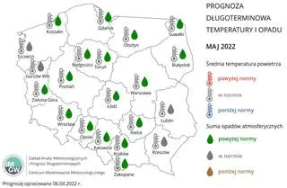 Prognoza średniej miesięcznej temperatury powietrza i miesięcznej sumy opadów atmosferycznych na maj 2022 r. dla wybranych miast w Polsce
