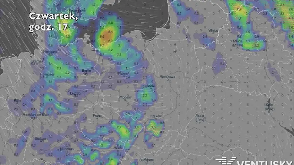 Opady w ciągu najbliższych pięciu dni (Ventusky