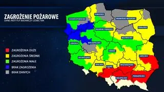 Zagrożenie pożarowe w polskich lasach, dane z godziny 13 we wtorek 15.03