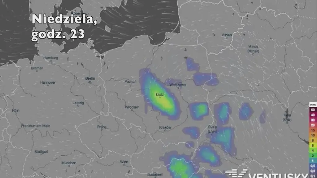 Prognozowane opady deszczu w kolejnych dniach (Ventusky