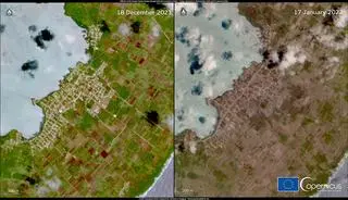 Wyspa Tongatapu 18 grudnia 2021 (przed erupcją) i 17 stycznia 2022 (po erupcji)