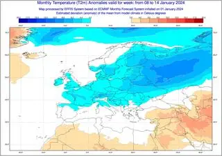 Prognoza odchylenia średniej temperatury od normy wieloletniej w tygodniu 8-14 stycznia 