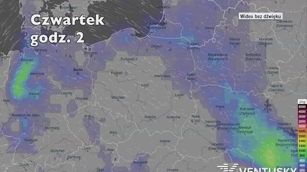 Potencjalne miejsca rozwoju burz w najbliższych dniach (Ventusky