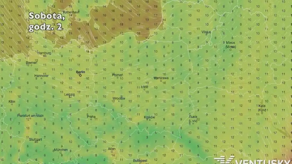Temperatura w ciągu najbliższych pięciu dni (Ventusky