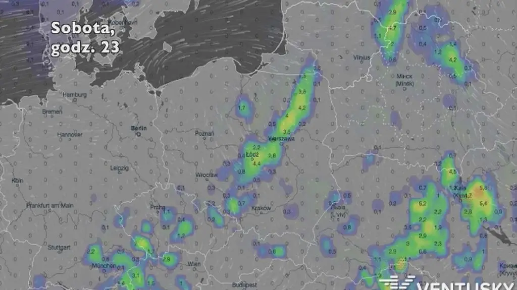 Opady deszczu w ciągu najbliższych pięciu dni (Ventusky