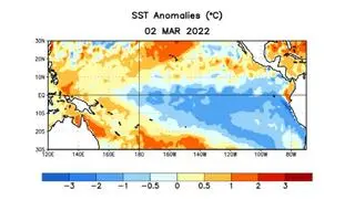 Anomalie temperatury powierzchni wody na Oceanie Spokojnym 2 marca 2022 roku