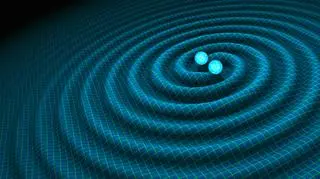 Artystyczna wizja fal grawitacyjnych wywołanych przez układ binarny gwiazd neutronowych