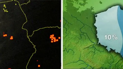 Wyładowania atmosferyczne zaznaczono czerwonymi plusami. Stan na godzinę 21.15