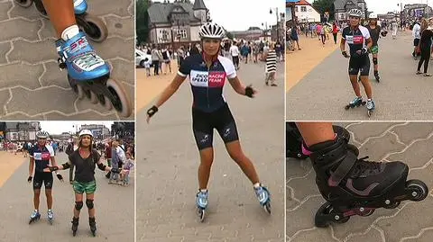 Alksandra Goss ucząca Anię Dec hamować na rolkach