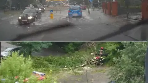 Zalany przejazd pod wiaduktem, połamane drzewa, brak prądu