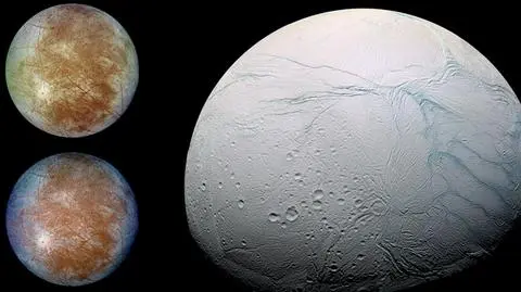 Po lewej: Europa, księżyc Jowisza w obiektywie sondy Galileo. Po prawej: Enceladus, księżyc Saturna w obiektywie sondy Cassini