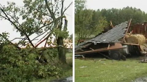 Zniszczone budynki, pozrywane dachy, połamane drzewa