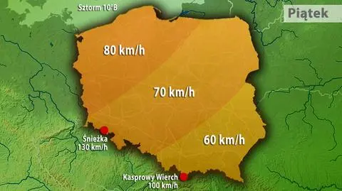 Prognozowana siła wiatru na terytorium Polski w piątek 12 grudnia 