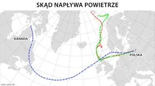 Niebieska linia pokazuje skąd napływa powietrze do Polski
