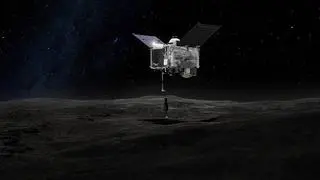 Wizualizacja sondy OSIRIS-REx na asteroidzie Bennu (NASA's Goddard Space Flight Center)