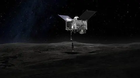 Wizualizacja sondy OSIRIS-REx na asteroidzie Bennu (NASA's Goddard Space Flight Center)