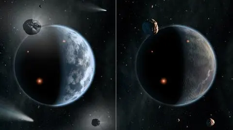 Artystyczna wizja dwóch planet: po lewej, planeta zbudowana z krzemianów, na której może istnieć woda; po prawej model planety zbudowanej głównie z węgla