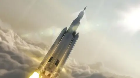 Wizualizacja lotu nowej klasy ciężkiej rakiety nośnej SLS (Space Launch System) z obciążeniem rzędu 77 ton