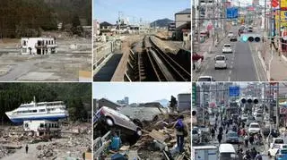 Japonia. Na dole: po przejściu tsunami. U góry: rok później