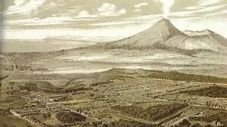Litografia Friedricha Federera przedstawia widok na Pompeje w 1850 roku