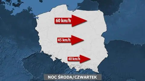 Prędkości wiaru w nocy ze środy na czwartek