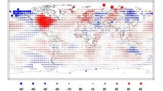 Temperaturowe anomalia w marcu 2012 r. Czerwone kropki - temperatura wyższa od normy, niebieskie - niższa