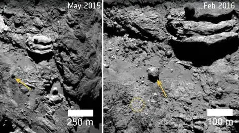 Przemieszczenie się 30-metrowego głazu na komecie 67P/Czuriumow-Gierasimienko (ESA)