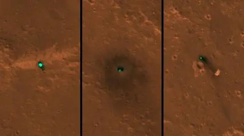 Lądownik, spadochron i osłona termiczna sondy Insight (NASA/JPL-Caltech/University of Arizona)