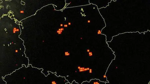 Wyładowania (oznaczone plusami) nad terytorium Polski o godz. 20.45
