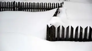 Wystające z zasp sztachety płotu w Mucznem w Bieszczadach