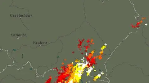Wyładowania atmosferyczne oznaczono plusami