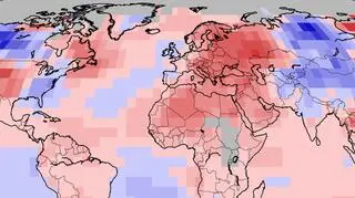 Na czerwono zaznaczono obszary o temperaturze wyższej niż średnia