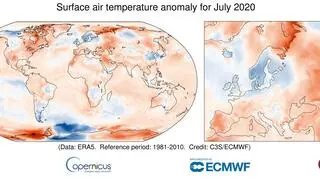 Anomalia temperatury powietrza w lipcu 2020 w porównaniu do średniej wieloletniej z lat 1981-2010 (Copernicus Climate Change Service/ECMWF)