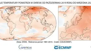 Anomalia temperatury powietrza w okresie od października 2019 roku do września 2020 roku (Copernicus Climate Change Service/ECMWF)