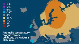 Anomalie temperatury prognozowane od lutego do kwietnia 2017 roku