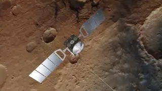 Artystyczna wizja sondy Mars Express (ESA/ATG medialab; Mars: ESA/DLR/FU Berlin; CC BY-SA 3