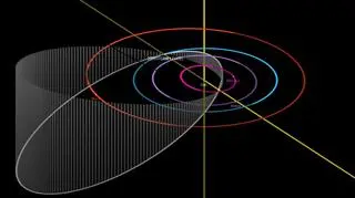 Białą elipsą oznaczona jest orbita asteroidy 2001 FO32 (źródło: NASA/JPL-Caltech)