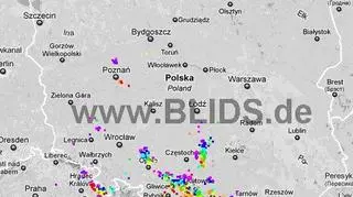 Burze nad Polską w godz. 19.00-21.00 (blids.de)
