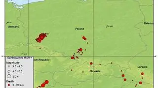 Czerwone punkty oznaczają trzęsienia ziemi w Polsce i państwach sąsiednich w latach 1900-2012