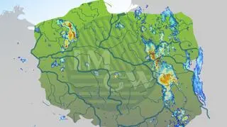 Dane radarowe pokazujące opady na obszarze Polski, godzina 21 (IMGW)