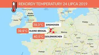 Europejskie rekordy temperatury z 24 lipca 2019 roku (tvnmeteo.pl/Google Maps)