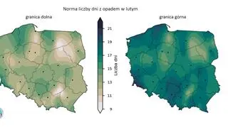 Granice normy wieloletniej liczby dni z opadem w lutym (IMGW)