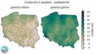 Granice normy wieloletniej liczby dni z opadem w październiku (źródło: IMGW)