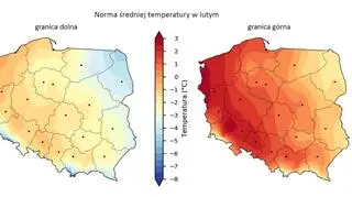Granice normy wieloletniej średniej temperatury powietrza w lutym (IMGW)