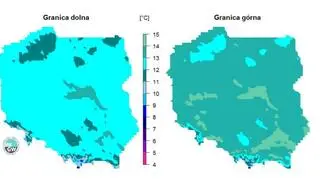 Granice normy wieloletniej średniej temperatury powietrza we wrześniu (IMGW-PIB)