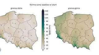 Granice normy wieloletniej sumy opadów w lutym (IMGW)