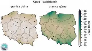 Granice normy wieloletniej sumy opadów w październiku (źródło: IMGW)