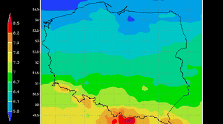Indeks UV w Polsce na 14.08 dla bezchmurnego nieba (źródło: IMGW)