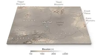 Jezioro Chad (NASA Earth Observatory map by Joshua Stevens, using ASTER Global Digital Elevation Model (GDM2) terrain data).