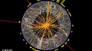 Komputerowy obraz z detektora ATLAS. W tym zderzeniu mógł powstać bozon Higgsa (CERN)
